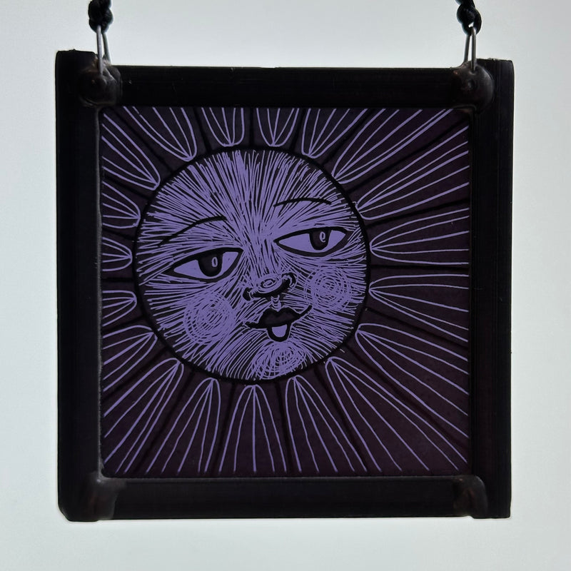 Stained Glass Small Square Panel ‘Sun, Moon Rays’ (Purple) #R