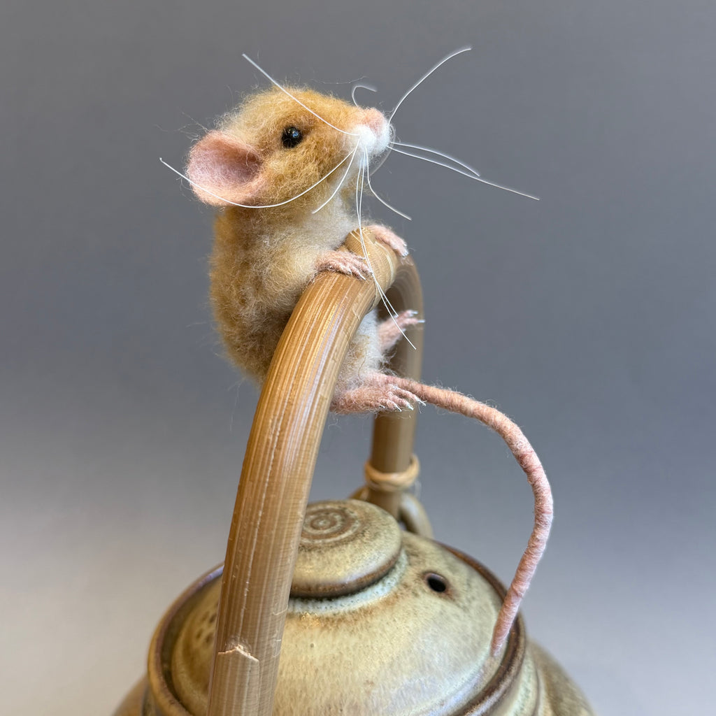 Needle Felted Ginger Mouse ‘Faye’ on a Vintage Teapot