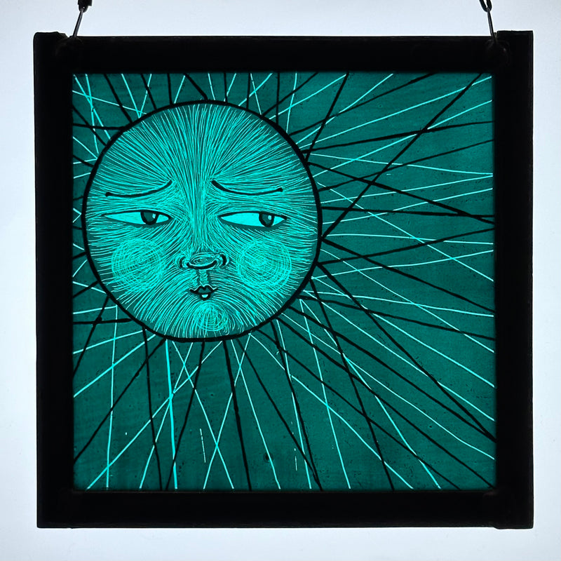 Stained Glass Medium Square Panel ‘Sun, Moon Rays’ (Teal)