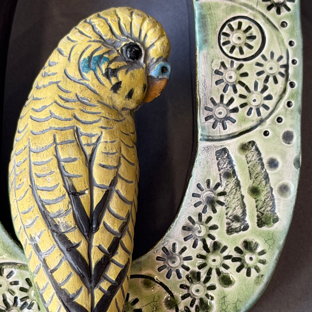 Ceramic Budgie - Pair on a Loop Wall Piece - Medium