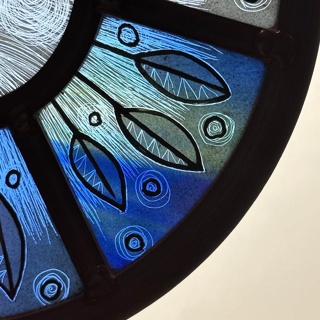 Stained Glass Round Face Panel ‘Blue Leaf Sgraffito’