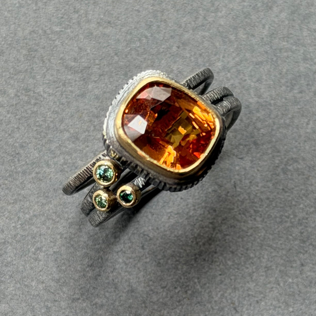 Ring - Triple Band - Oxidised Siver, Gold 14ct Sapphire, Teal diamonds