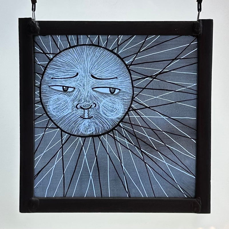 Stained Glass Medium Square Panel ‘Sun, Moon Rays’ (Light Blue)