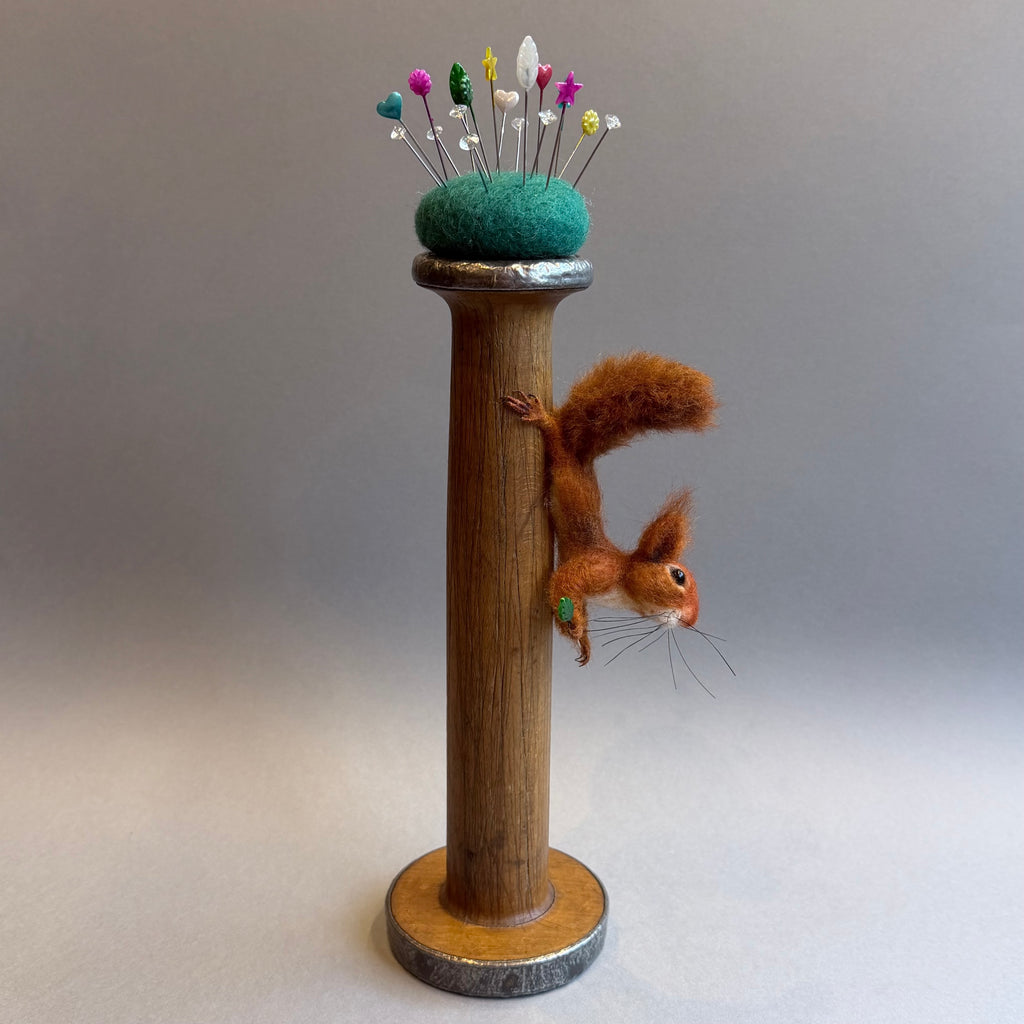 Needle Felted ‘Buster’ Squirrel on a Bobbin with Teal Pincushion