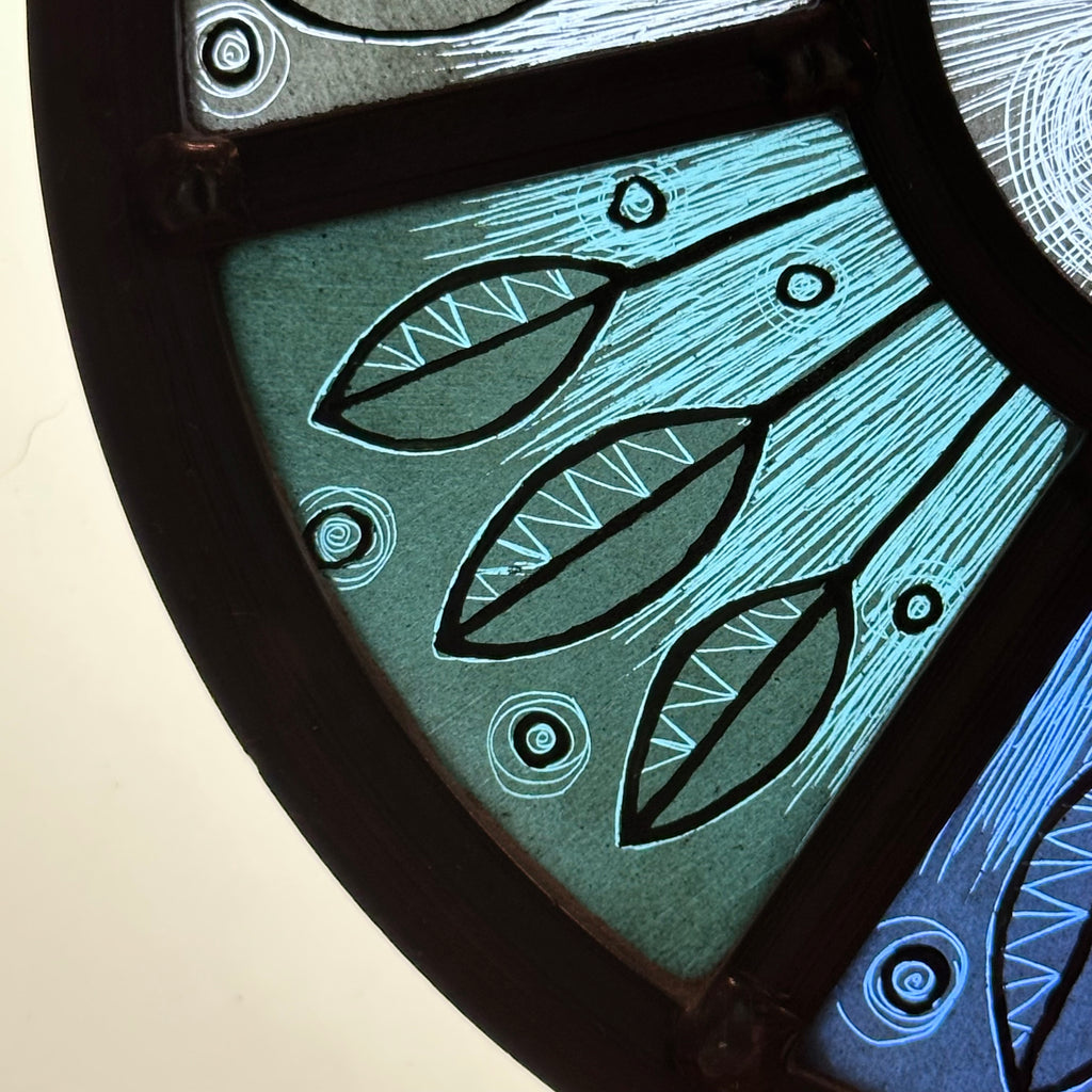 Stained Glass Round Face Panel ‘Blue Leaf Sgraffito’