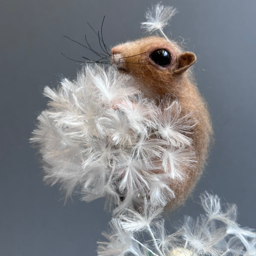 Needle Felted Sculpture ‘Maisie the Harvest Mouse with Dandelion Clocks’