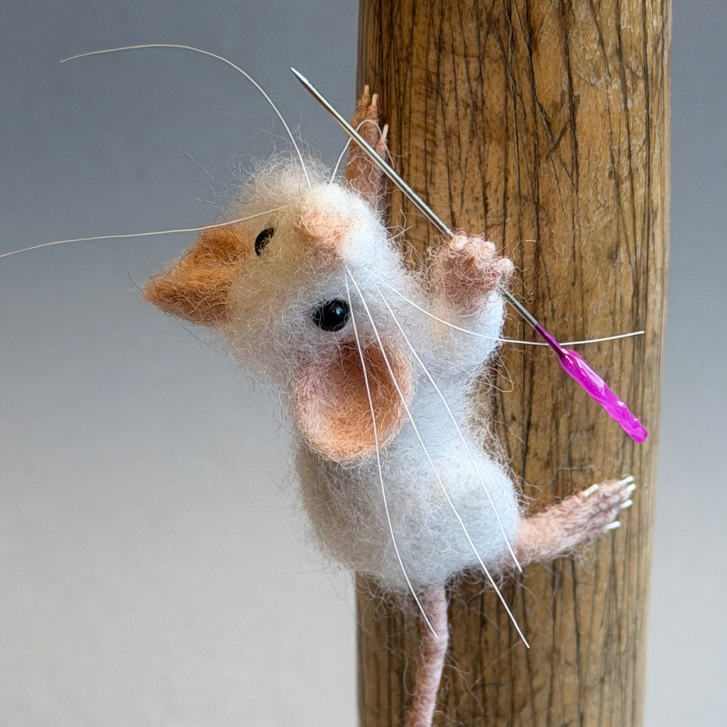 Needle Felted Mouse ‘Holly’ White Mouse on a Bobbin with Pink Pincushion