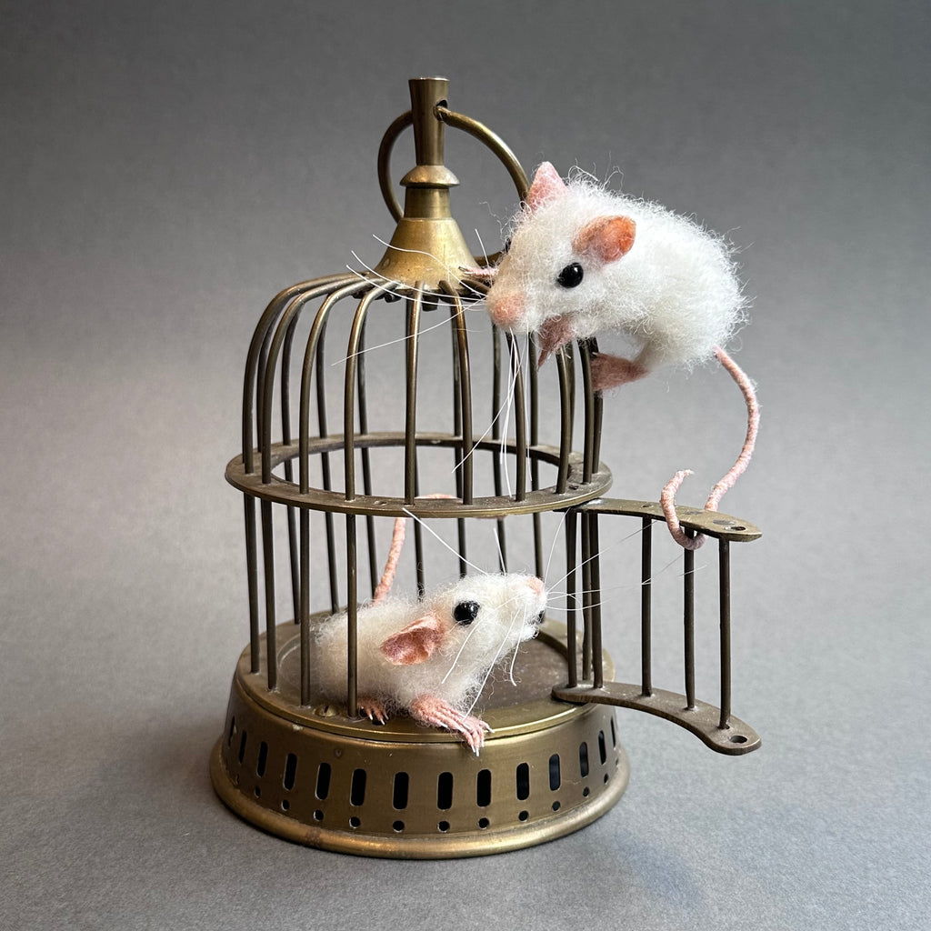 Needle Felted Sculpture ‘Theodorus & Benji’ on a Vintage Birdcage