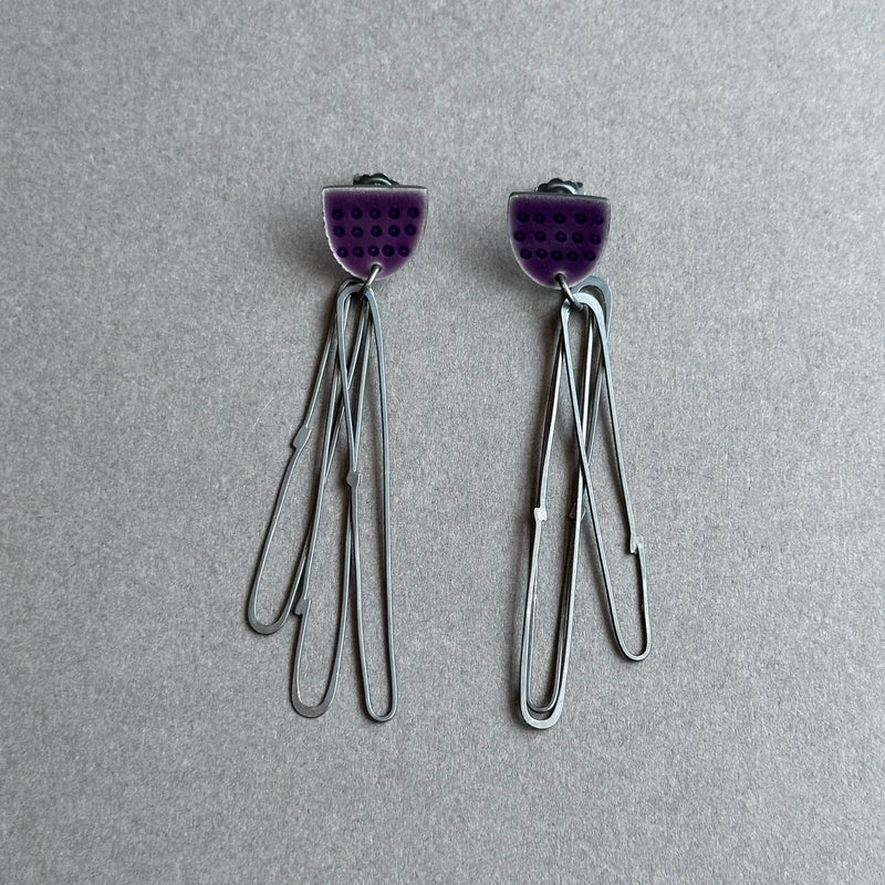Earrings Stud Top - Flotsam with Lozenge Loops - Purple Enamel