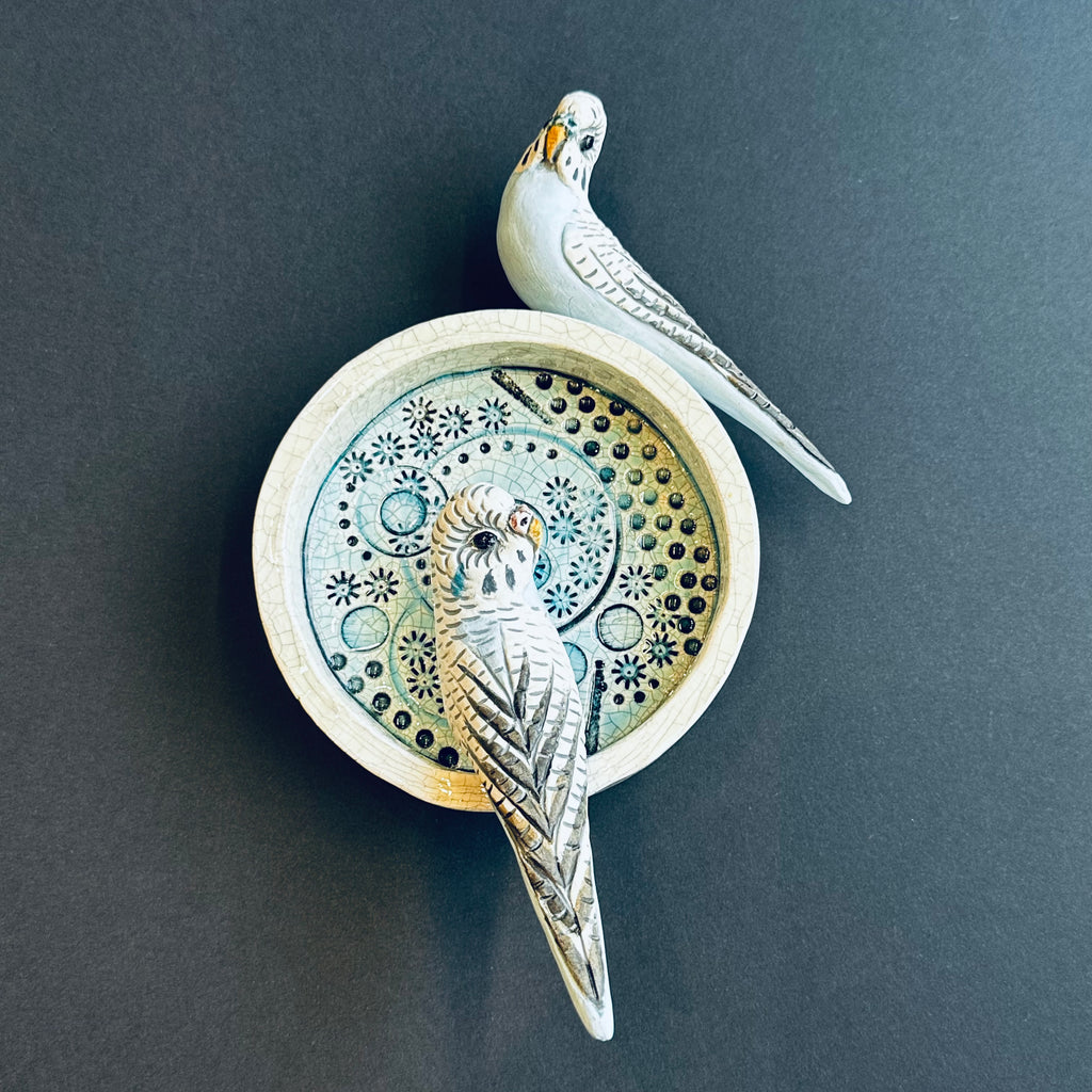 Blue Budgies on a Round Wall Plaque