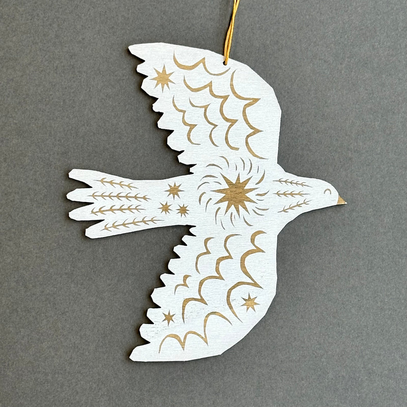 Screenprinted Wooden Decoration - Winter Bird [White]