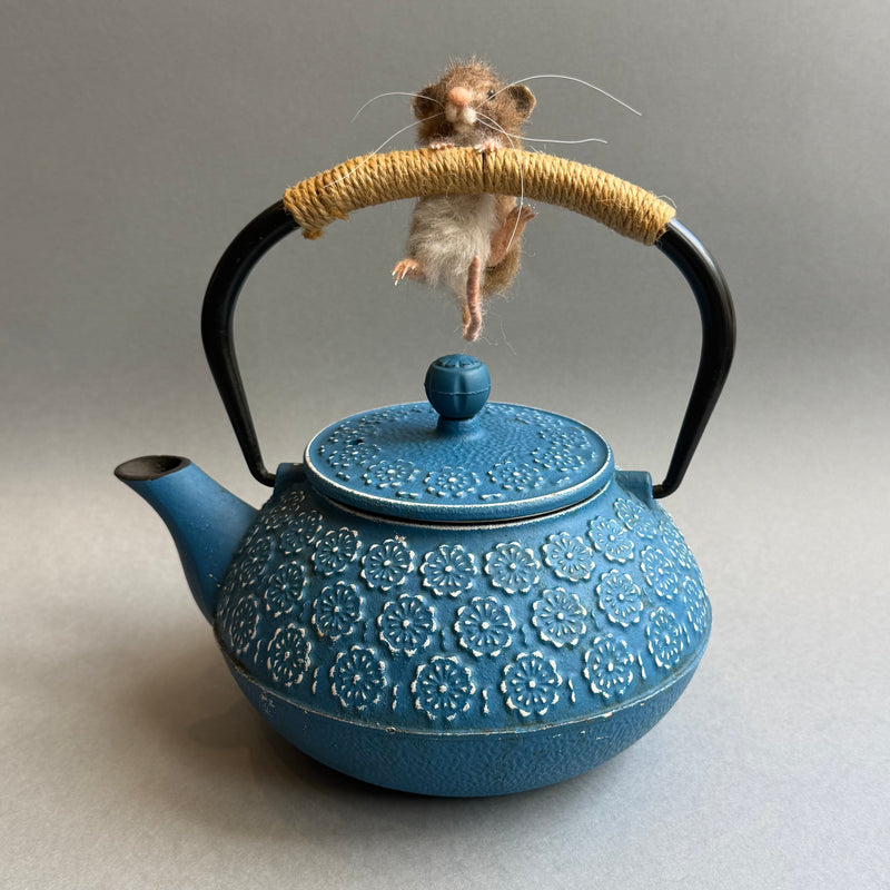 Needle Felted Mouse ‘Geraldine’ on a Blue Teapot