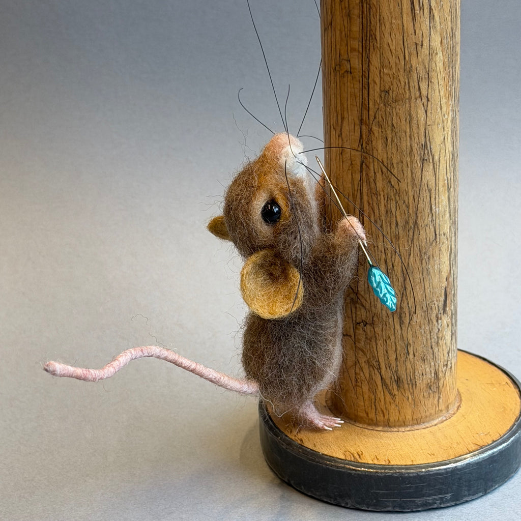 Needle Felted ‘Bridget’ Mouse on a Bobbin with Purple Pincushion