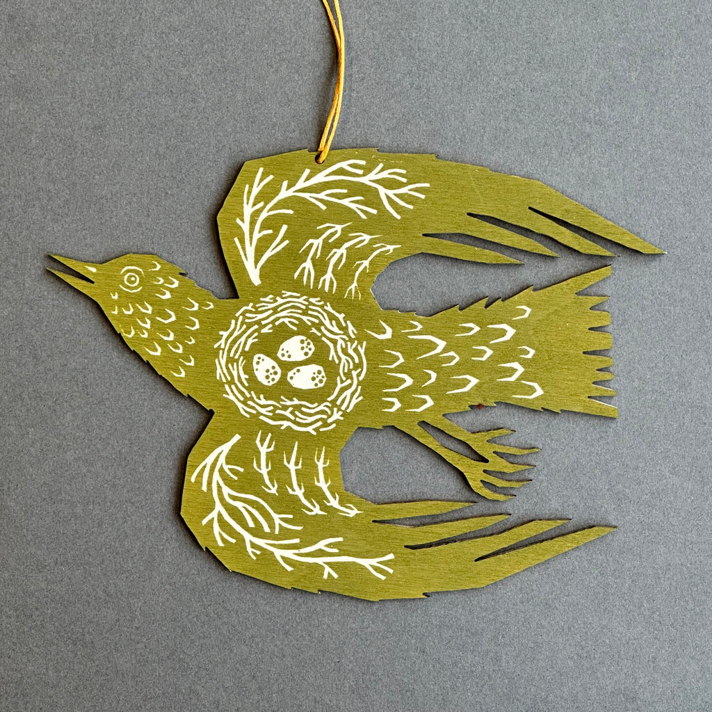 Screenprinted Wooden Decoration - Woodland Bird [Olive Green]