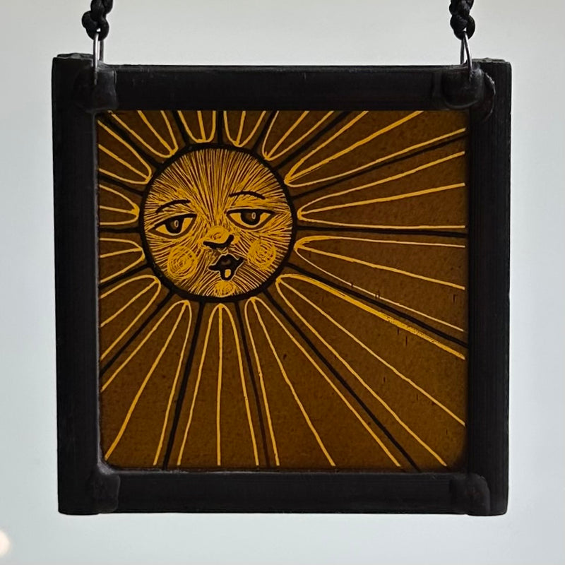 Stained Glass Small Square Panel ‘Sun, Moon Rays’ (Orange) #B