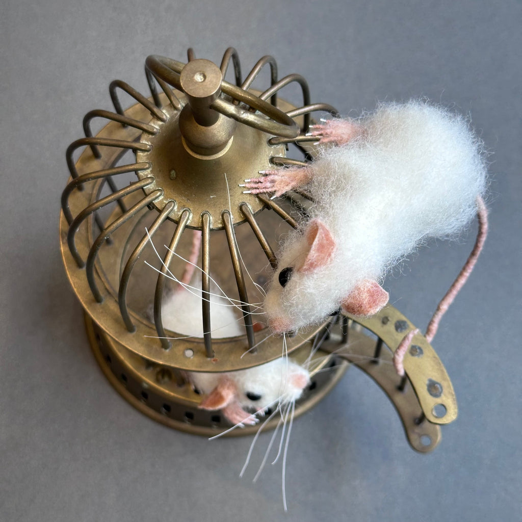 Needle Felted Sculpture ‘Theodorus & Benji’ on a Vintage Birdcage