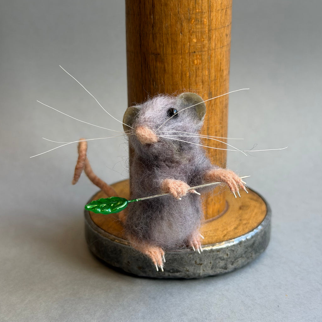Needle Felted ‘Grace’ Grey Mouse on a Bobbin with Red Pincushion