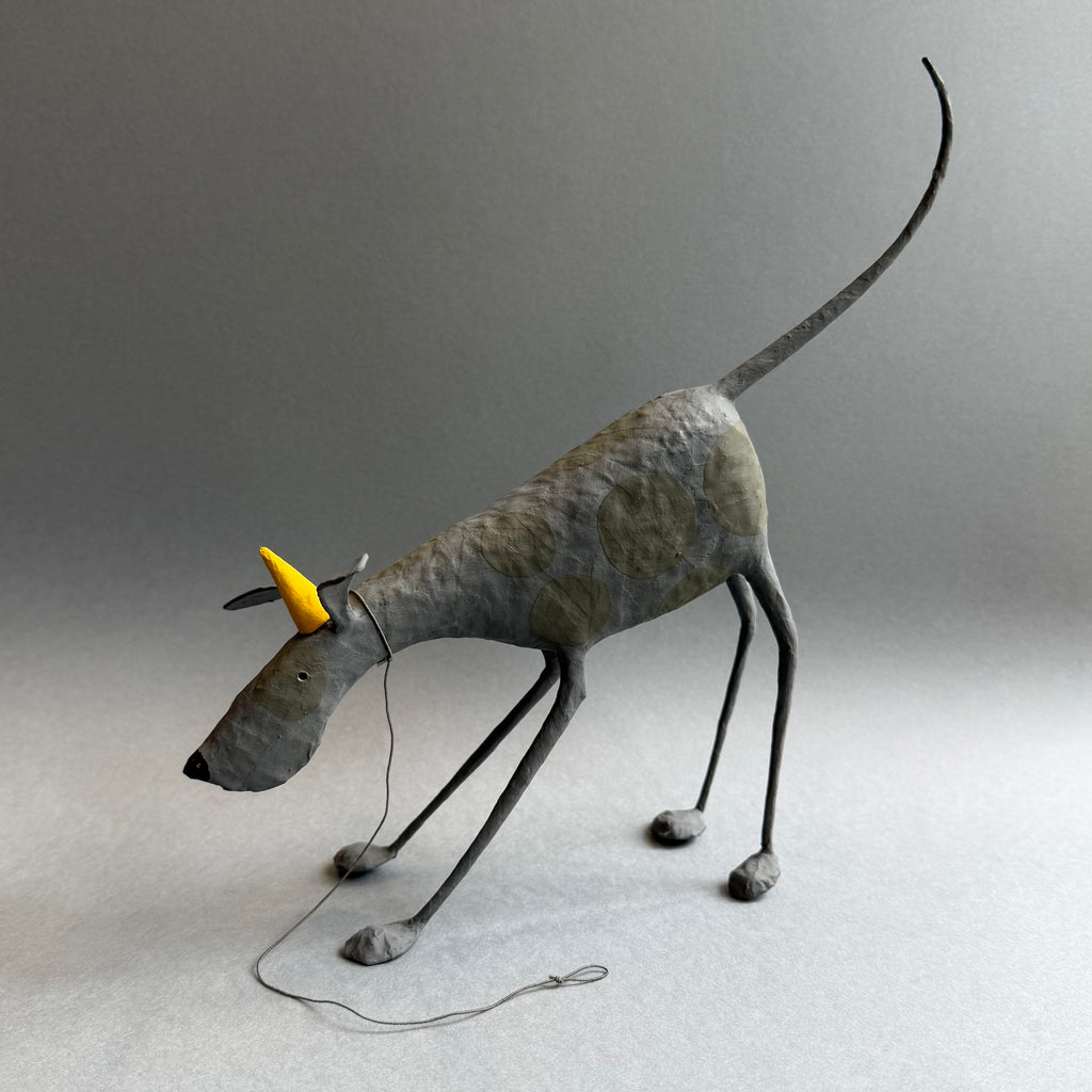 Paper Mache Sculpture ‘Zepher the Dog with Party Hat’