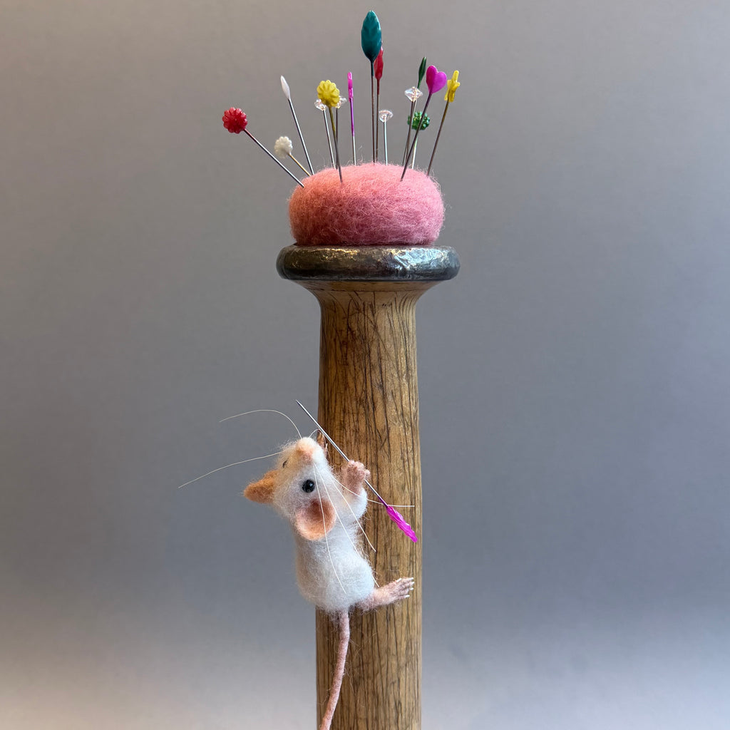 Needle Felted Mouse ‘Holly’ White Mouse on a Bobbin with Pink Pincushion