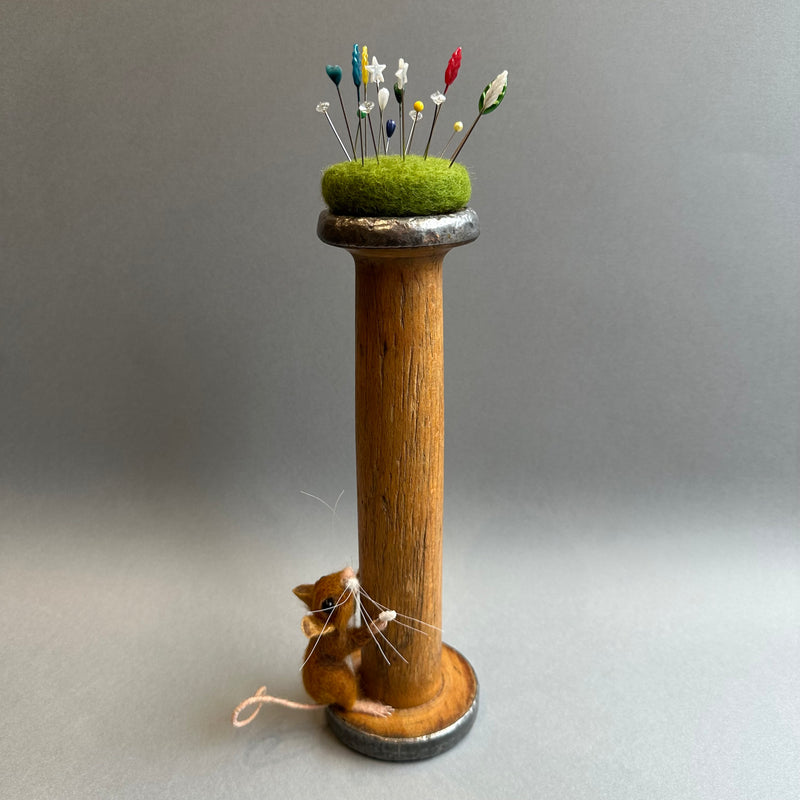 Needle Felted Mouse ‘Ginger’ Brown Mouse on a Bobbin with Green Pincushion