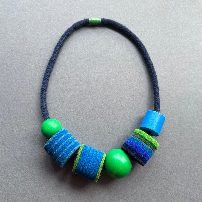 Industrial Felt, Wood & Rope Necklace 'Blue & Green'