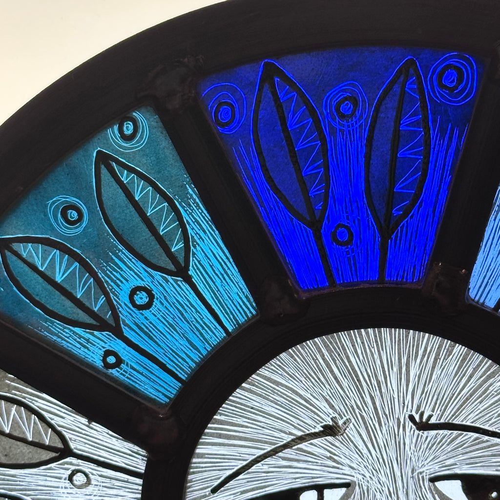 Stained Glass Round Face Panel ‘Blue Leaf Sgraffito’