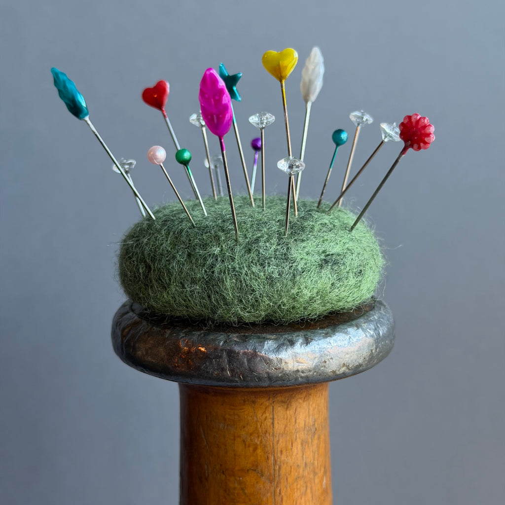 Needle Felted Mouse ‘Connie’ Mouse on a Bobbin with Moss Pincushion #154