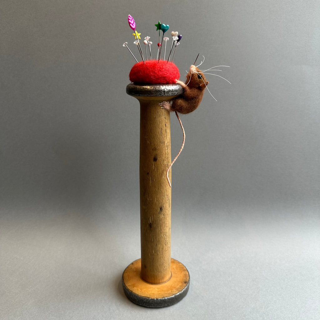 Needle Felted Mouse ‘Tiny’ Brown Mouse on a Bobbin with Red Pincushion