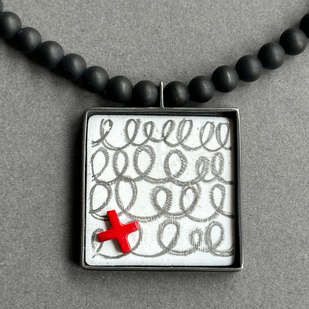 Pendant - Inlaid Enamel Square with Black Agate Beads
