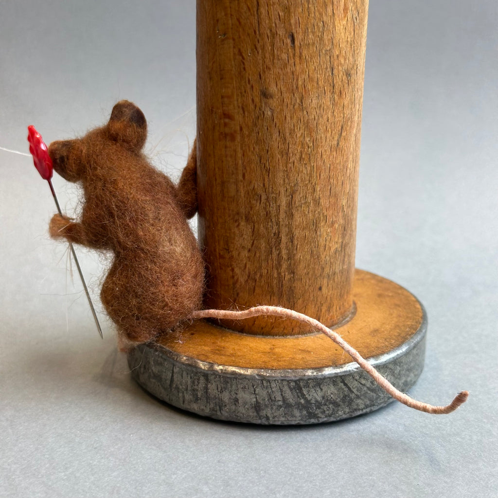 Needle Felted Mouse ‘Percy’ Brown Mouse on a Bobbin with Purple Pincushion