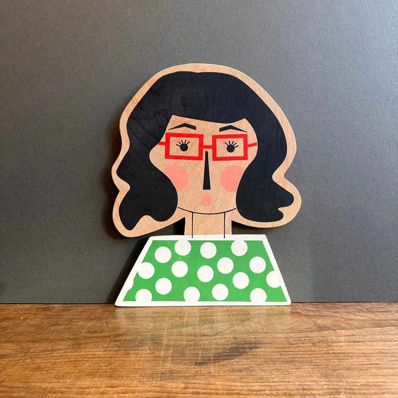 Wall Plaque ‘Twirly Curly Girl with Black Hair & Glasses’