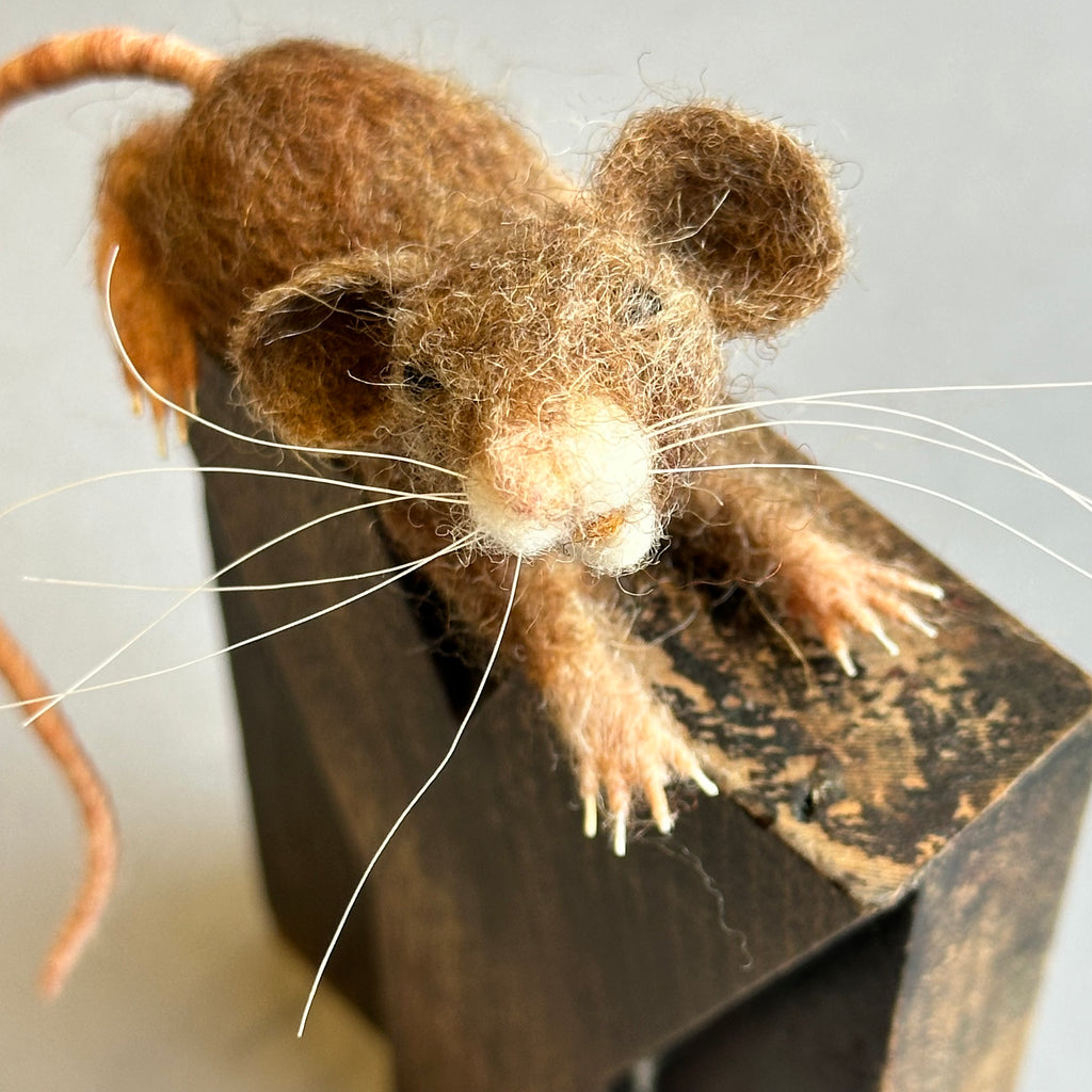 Needle Felted Mouse ‘Yawn’ on a Vintage Print Block