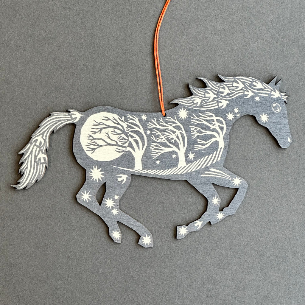 Screenprinted Wooden Decoration - Horse [Silver Grey]