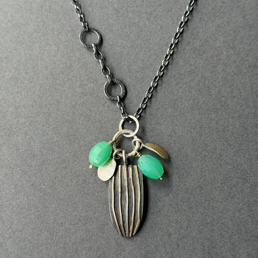 Bug Necklace - Oxidised Silver, Gold & Chrysoprase