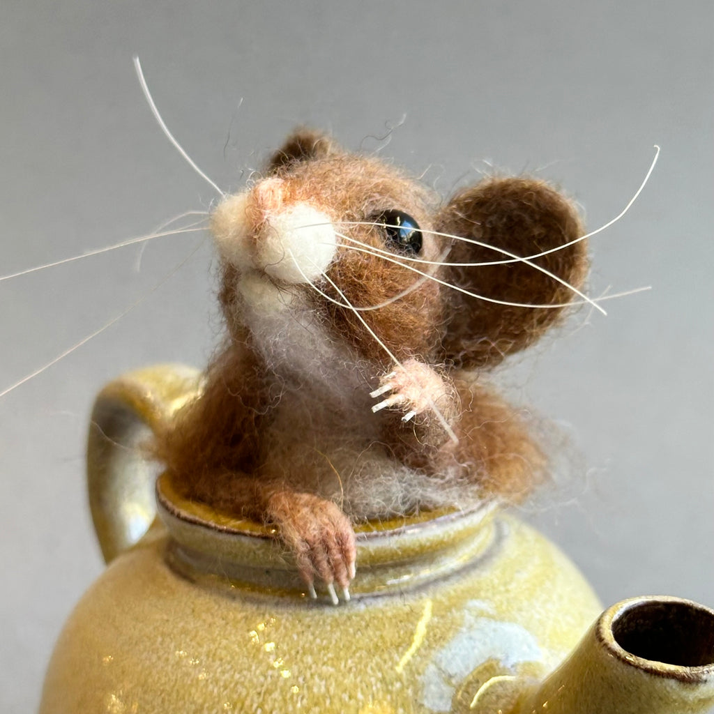 Needle Felted Mouse ‘Stuck’ in a Vintage Teapot
