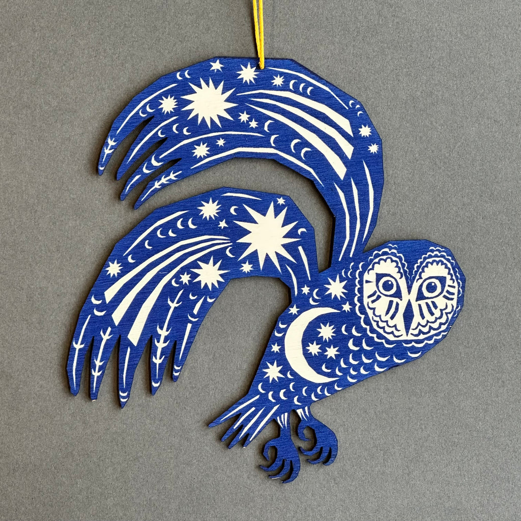 Screenprinted Wooden Decoration - Owl [Midnight Blue]