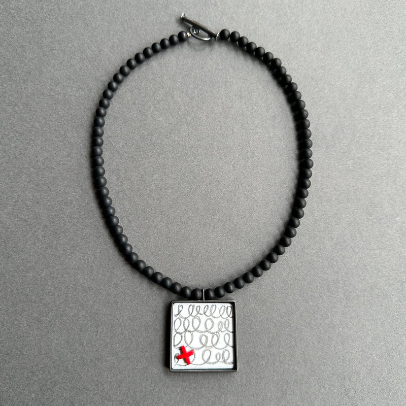 Pendant - Inlaid Enamel Square with Black Agate Beads
