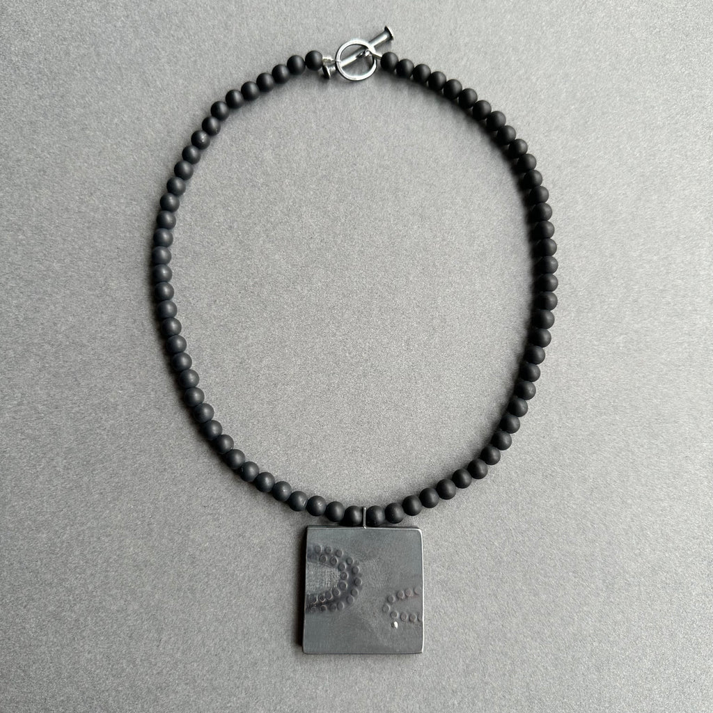 Pendant - Inlaid Enamel Square with Black Agate Beads