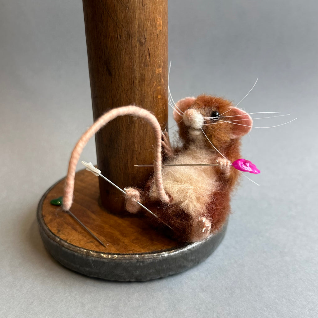Needle Felted Mouse ‘Florence’ Brown Mouse on a Bobbin with Blue Pincushion