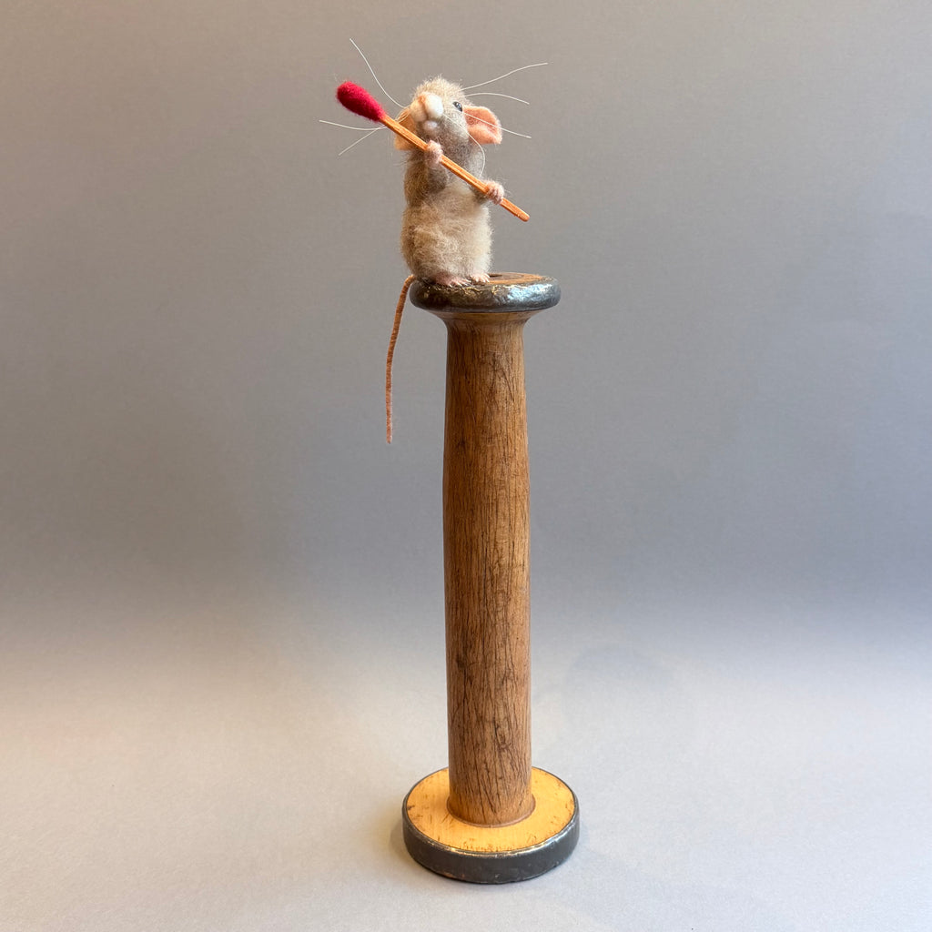 Needle Felted Mouse ‘Godfrey’ Brown Mouse on a Bobbin with a Matchstick