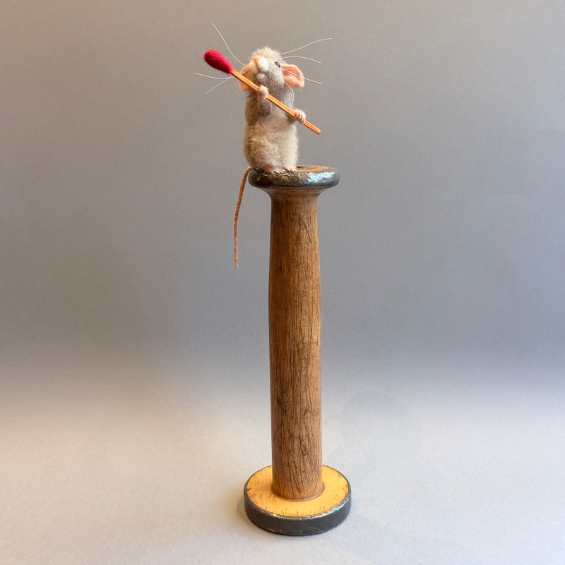 Needle Felted Mouse ‘Godfrey’ Brown Mouse on a Bobbin with a Matchstick
