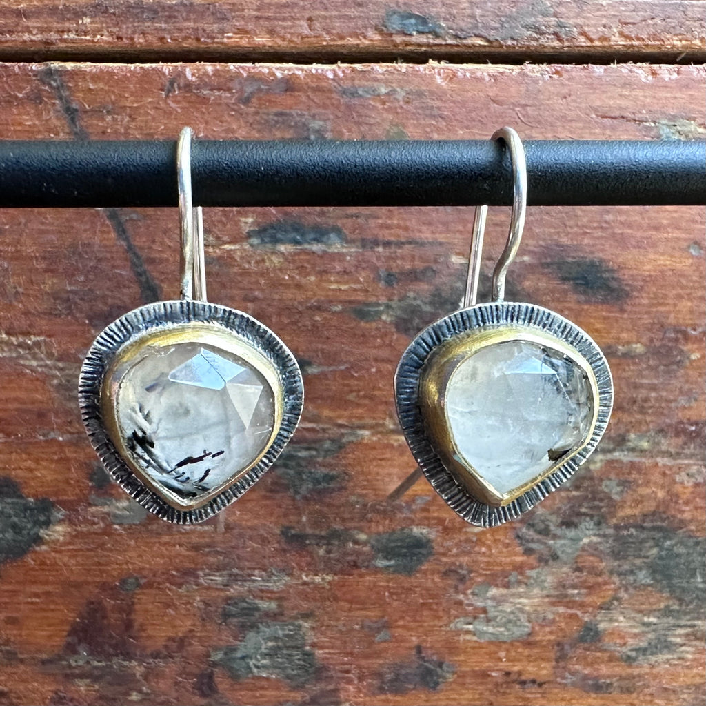 Landscape Drop Earrings - Gold, Silver & Rutilated Quartz