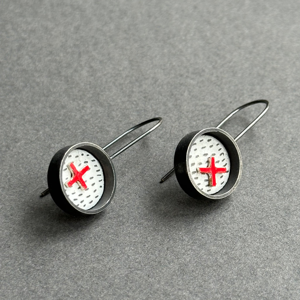 Earrings Hanging Circle with Red Cross