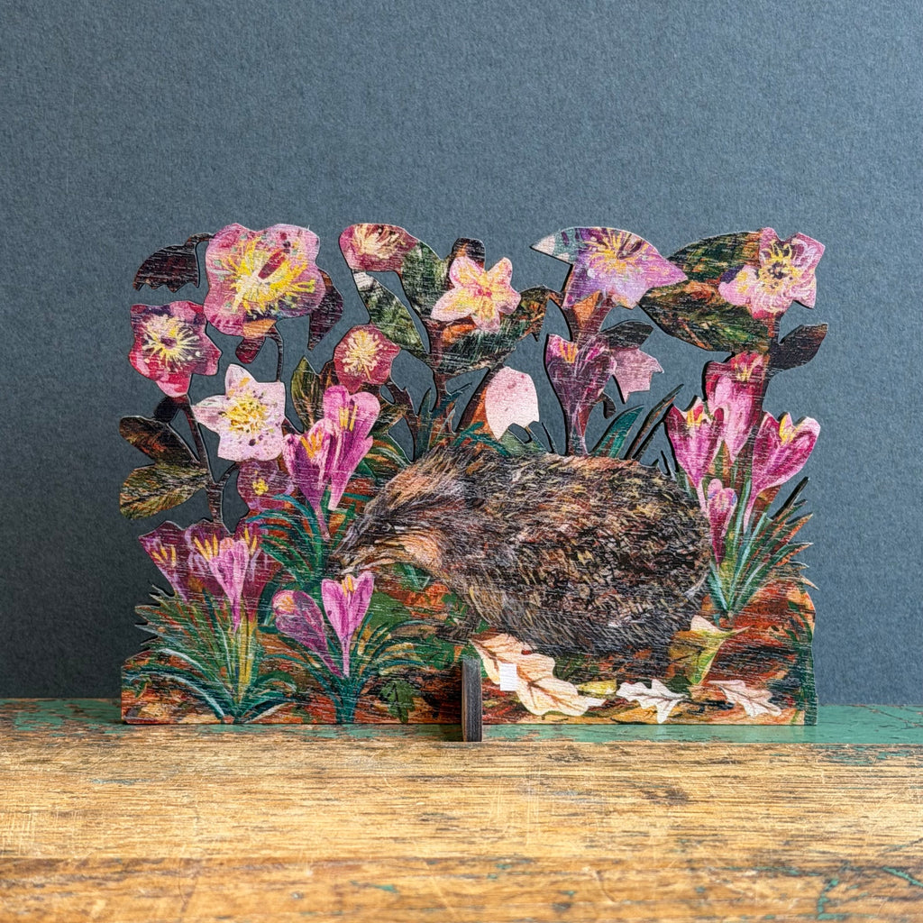 Wooden Keepsake with Greeting Card - Hedgehog in Hellebores