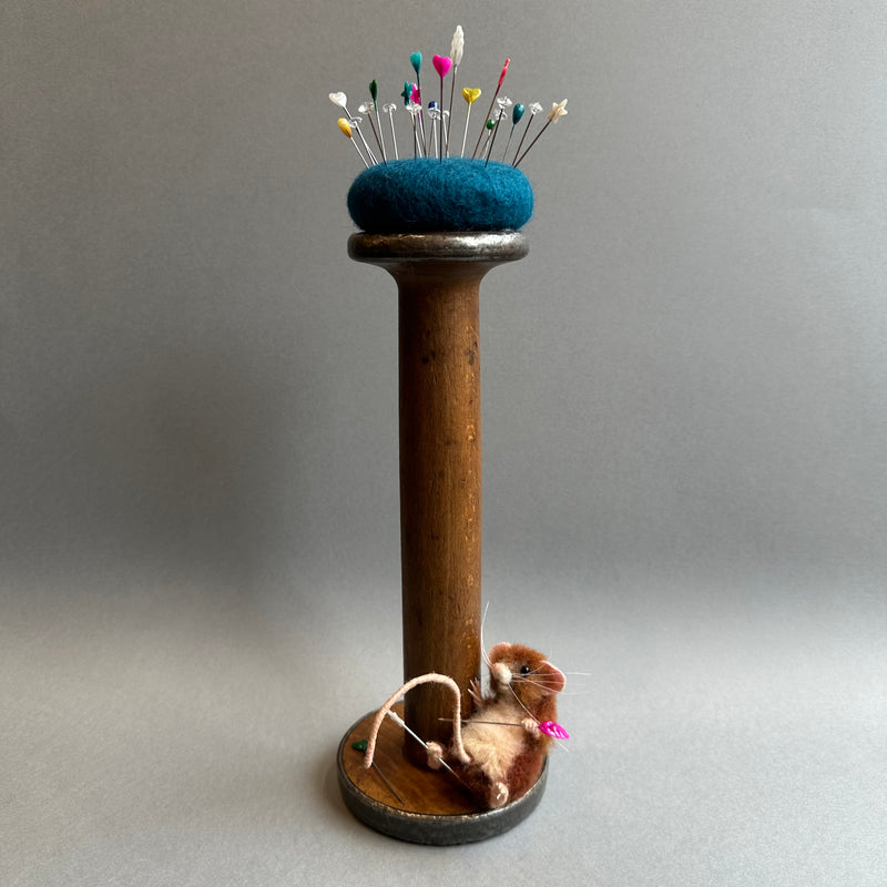 Needle Felted Mouse ‘Florence’ Brown Mouse on a Bobbin with Blue Pincushion