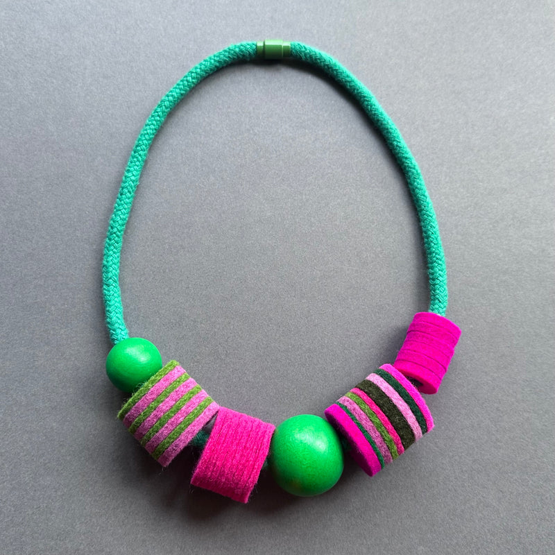 Industrial Felt, Wood & Rope Necklace 'Pink & Green'