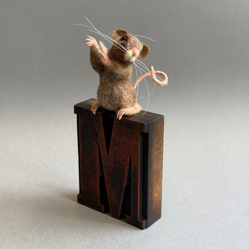 Needle Felted Mouse ‘Jerry’ on a Vintage Print Block