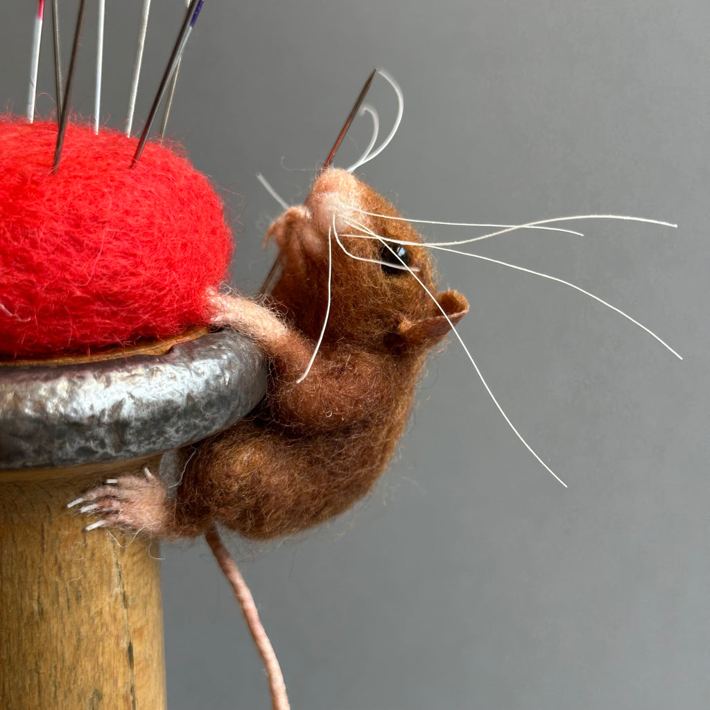 Needle Felted Mouse ‘Tiny’ Brown Mouse on a Bobbin with Red Pincushion