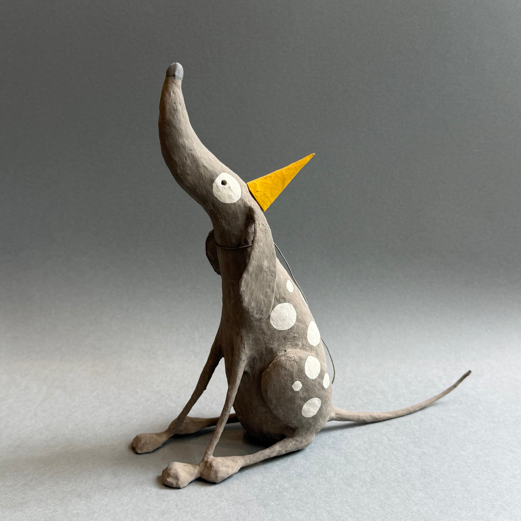Paper Mache Sculpture ‘Woody the Dog with Party Hat’