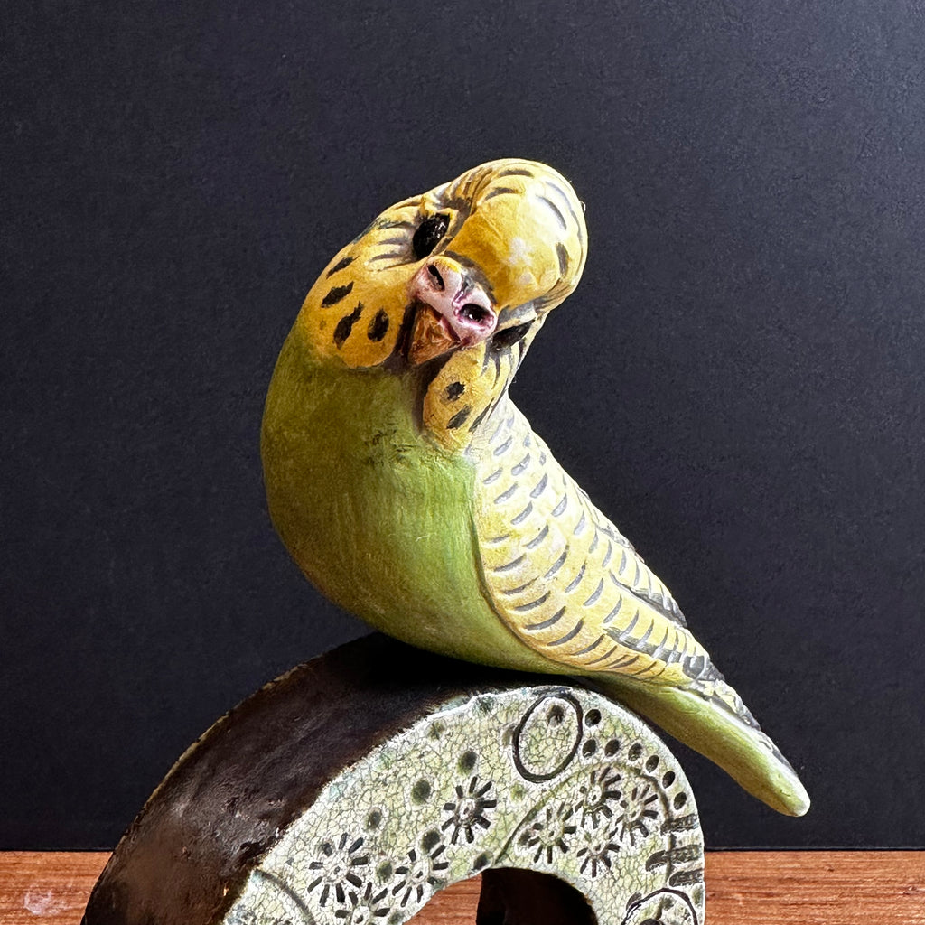 Large Green Budgie on a Hoop